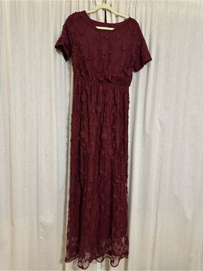 Main Street Exchange Burgundy Floral Appliqué Maxi Dress